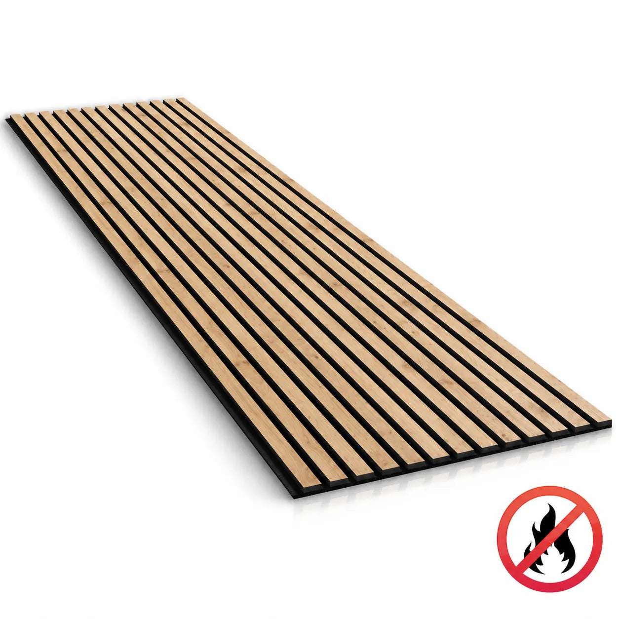 Full natural oak acoustic slat wall panel on black backing, shown at an angle with a flame retardant symbol and subtle reflection