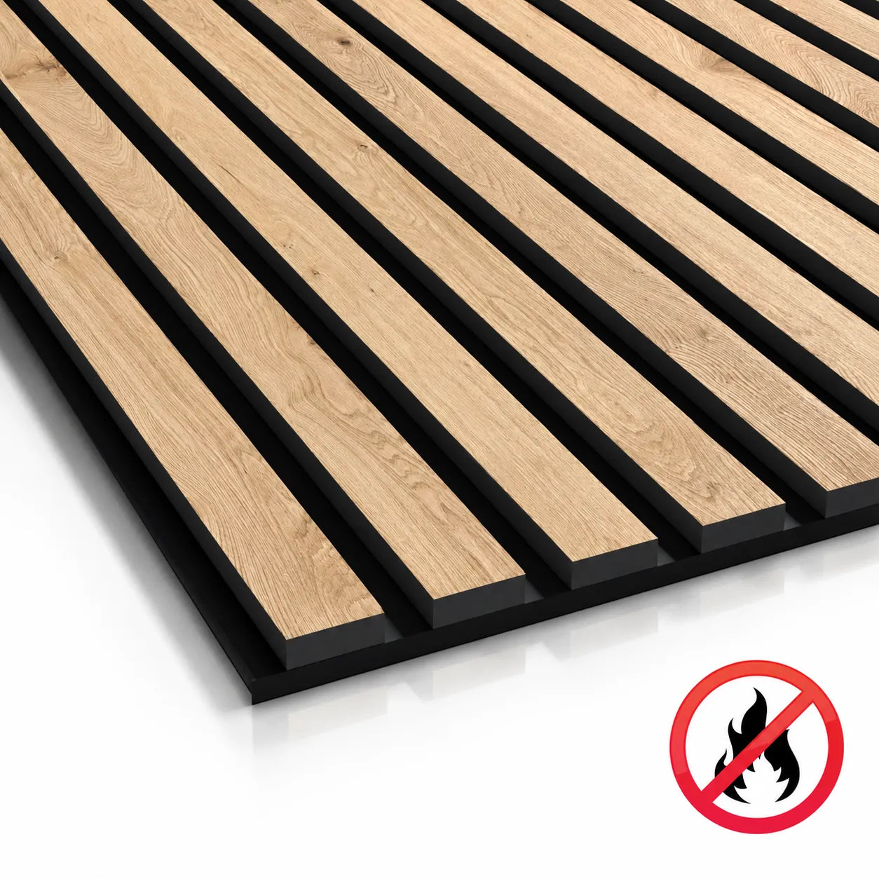 Close up of natural oak acoustic slats on black backing with a flame retardant symbol, subtle shadow and reflection