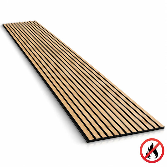 Fire rated natural oak acoustic slat wall panel with black felt backing