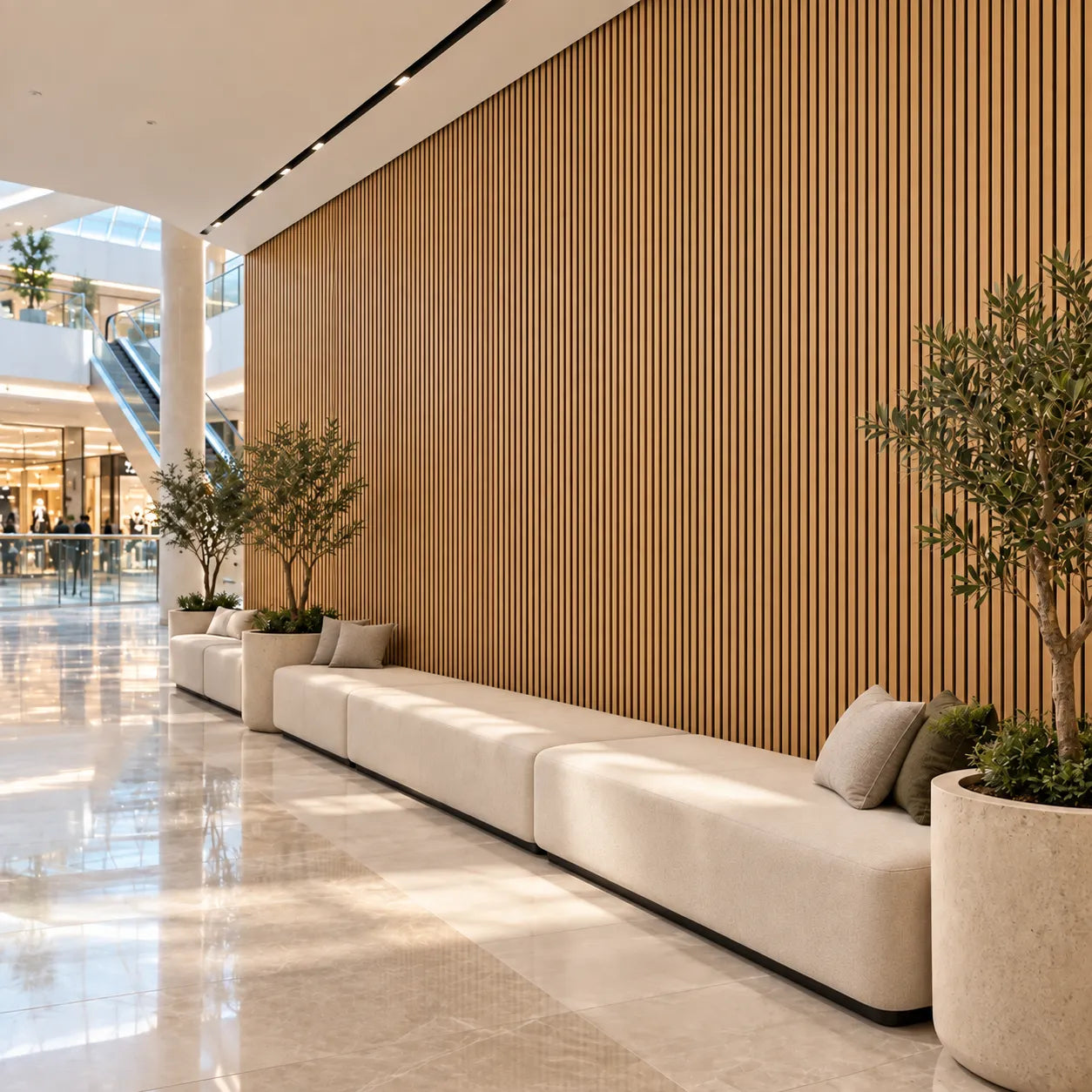 Fire rated natural oak slat wall panels in a bright modern commercial interior