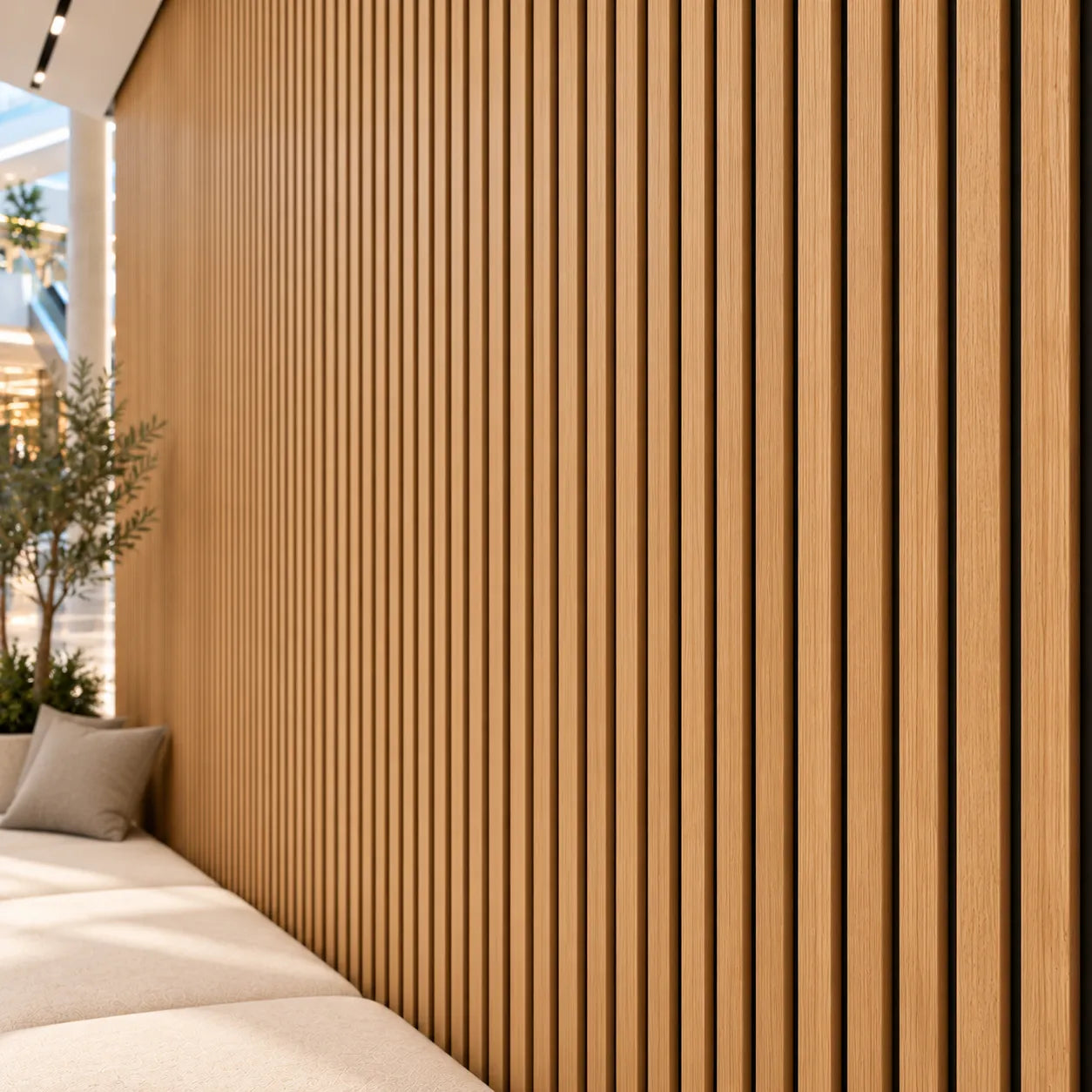 Close up of natural oak acoustic slat wall panels with black felt backing