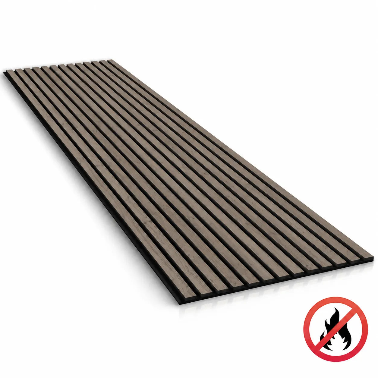 Walnut fire rated acoustic slat wall panel on white background