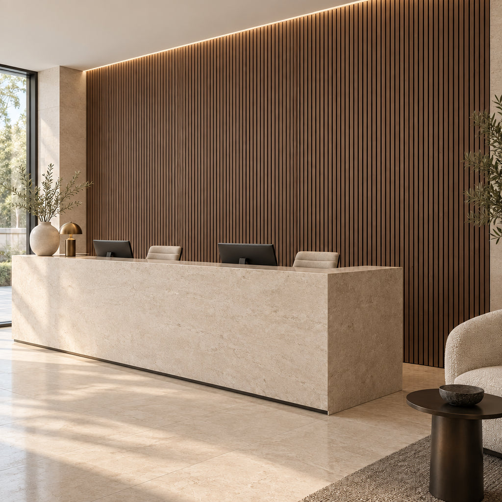 Walnut fire rated acoustic slat panels behind modern reception desk