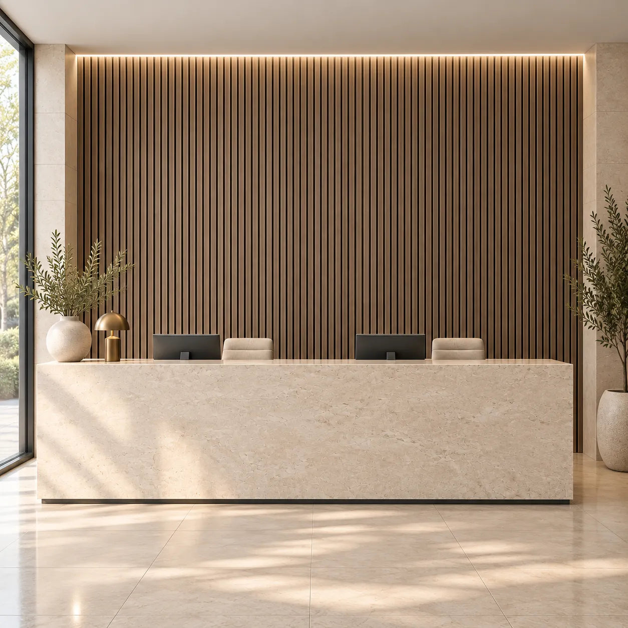 Front view of Walnut fire rated acoustic slat panel feature wall