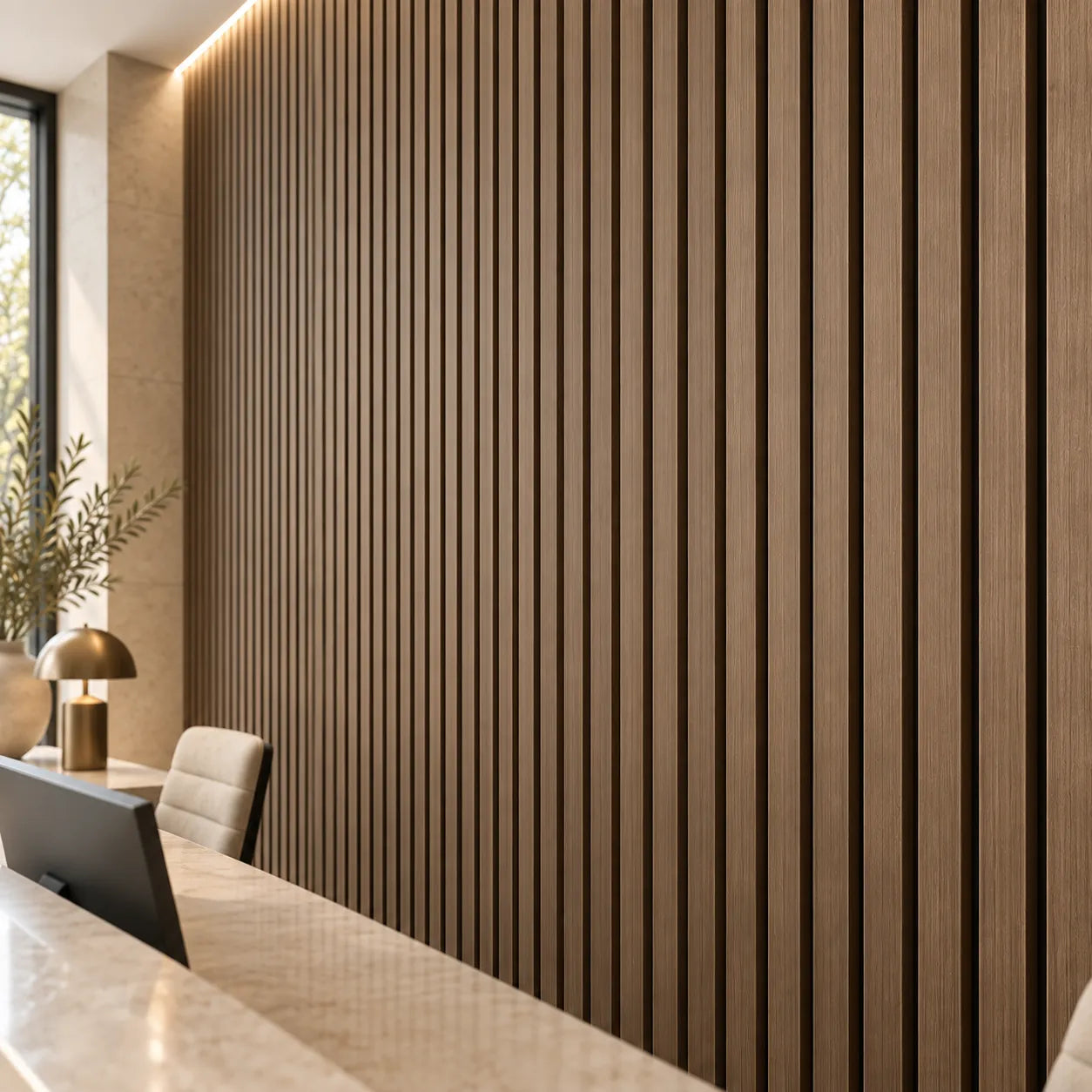 Close-up of Walnut fire rated acoustic slat wall panels in reception area
