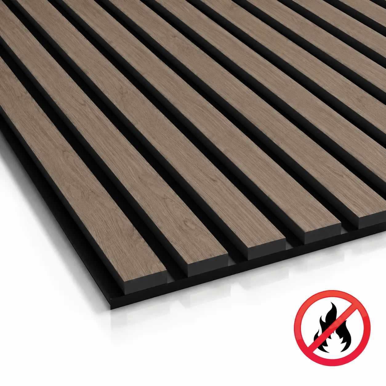 Close-up of Walnut acoustic slats with black felt backing