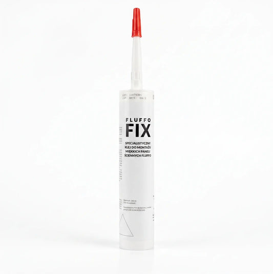 A white tube of Fluffo Fix hydraulic cement with a red applicator tip, standing upright on a white background.