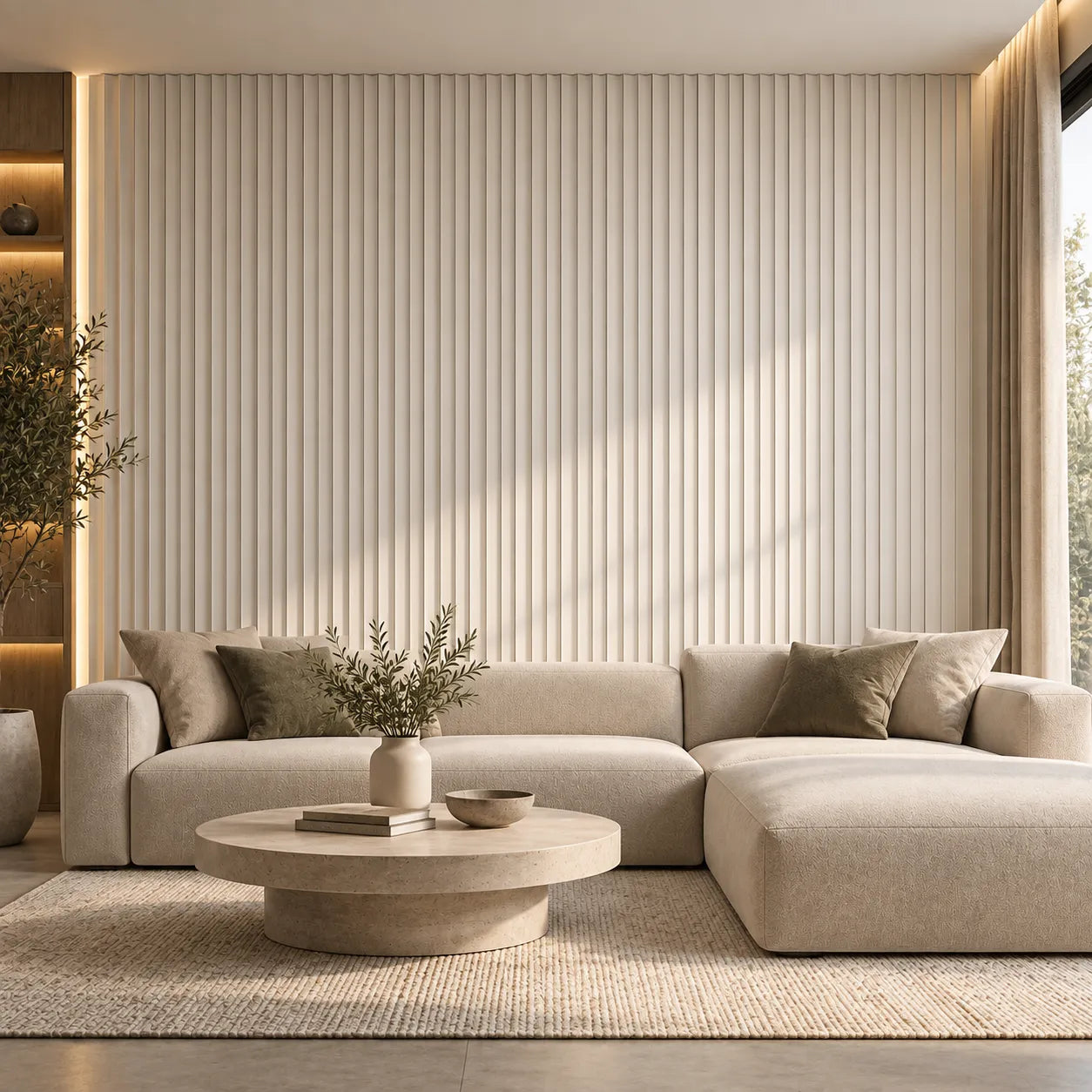 Fluted Arrow Gips-3D-Wandpaneele – Frontalansicht im modernen Wohnzimmer