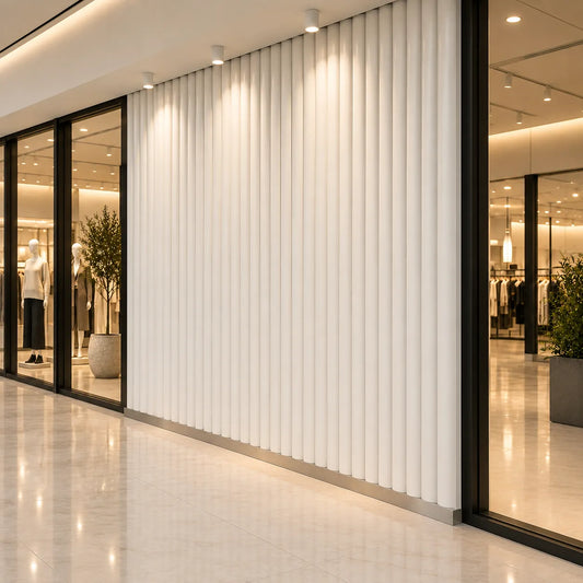 Panneaux muraux 3D en plâtre Fluted Bamboo – Vue intérieure d’un centre commercial à 45 degrés