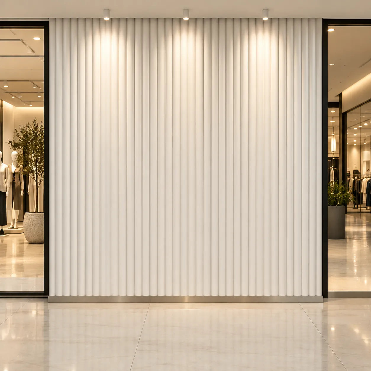 Pannelli da parete 3D in gesso Fluted Bamboo – Vista interna di un centro commerciale a 45 gradi