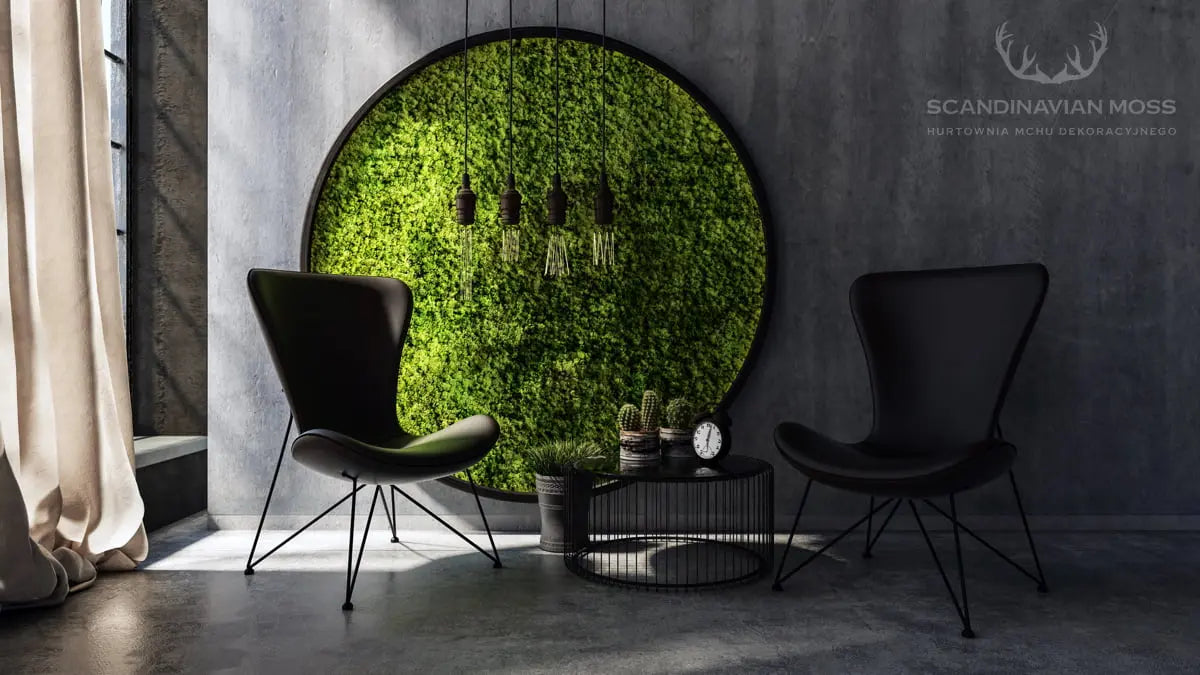 Frameless Reindeer Moss Wall Panels Round in grey modern interior DecorMania.eu