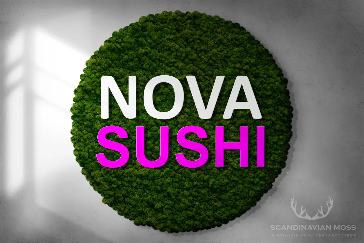 Frameless Reindeer Moss Wall Panels Round on grey wall with sushi bar logo DecorMania.eu
