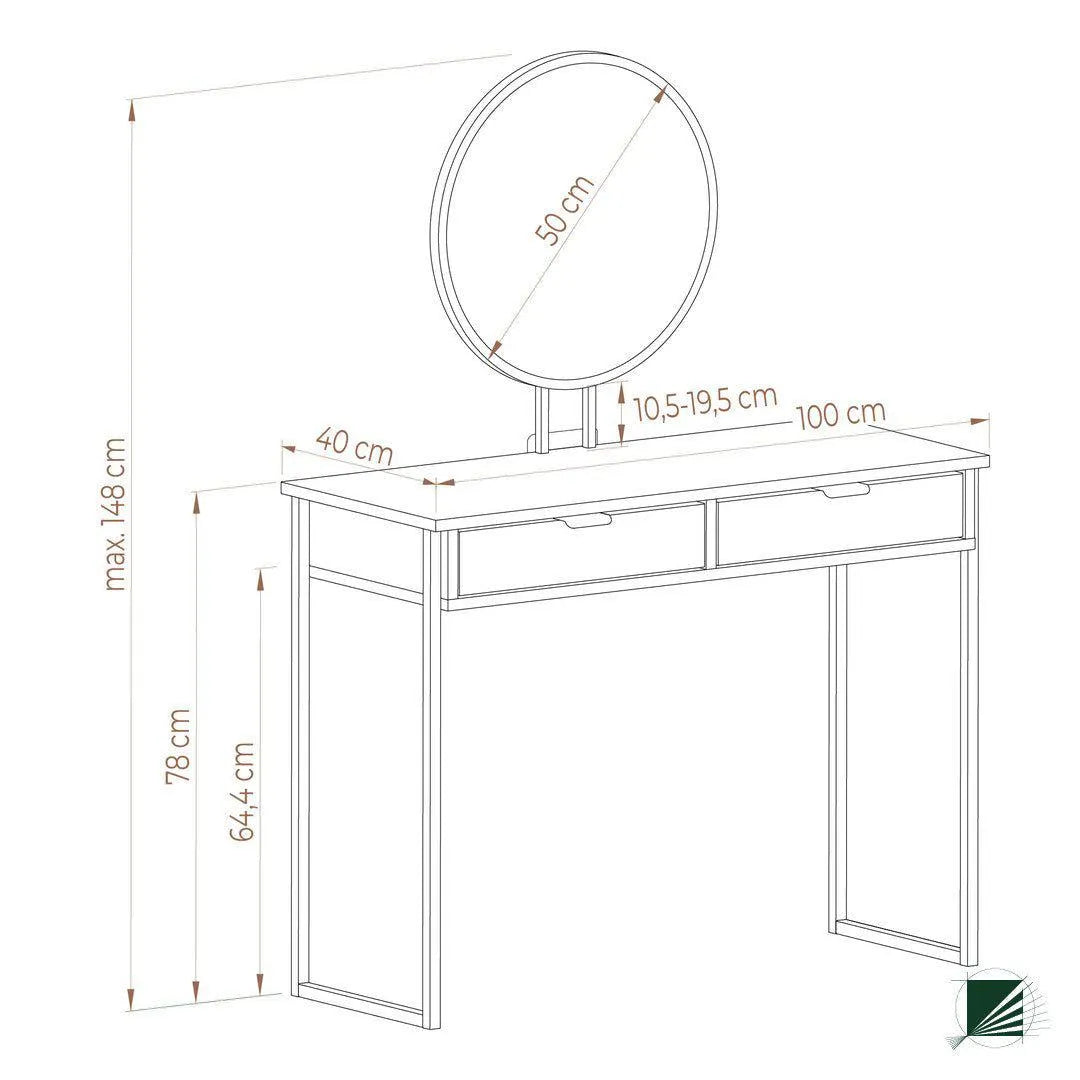 Dressing Table with mirror LOFT Oak Black dimensions on white background DecorMania.eu