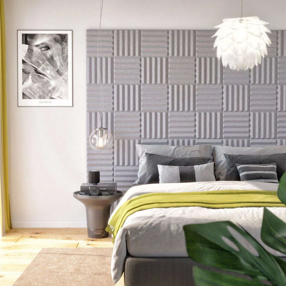 GROVE 3D Acoustic Felt Wall Panels in bedroom interior GREY DecorMania.eu