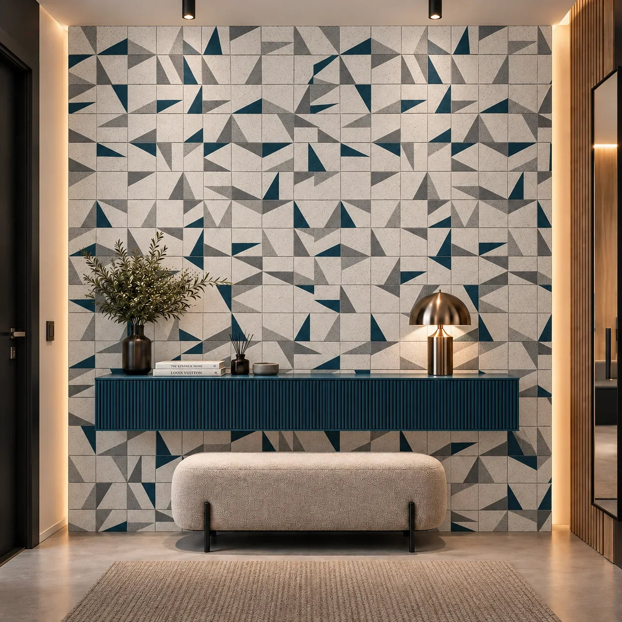 Widok frontowy ściany dekoracyjnej Origami Birds za turkusową wiszącą konsolą i tapicerowaną ławką do przedpokoju