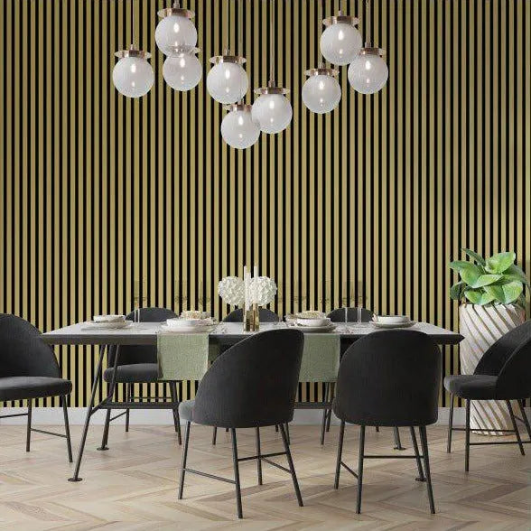 Acoustic Slatted Wall Panels Golden in dining room interior DecorMania.eu
