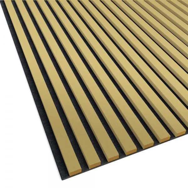 Acoustic Slatted Wall Panels Golden closeup on white backgound DecorMania.eu