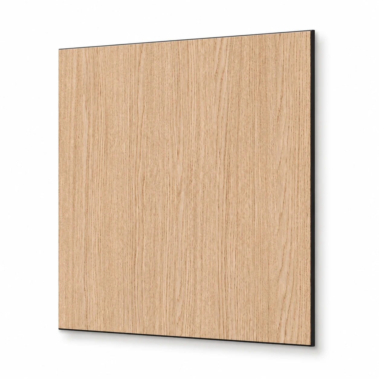 Square smooth raw oak-effect MDF wall panel shown at an angle on a white background with a soft natural shadow