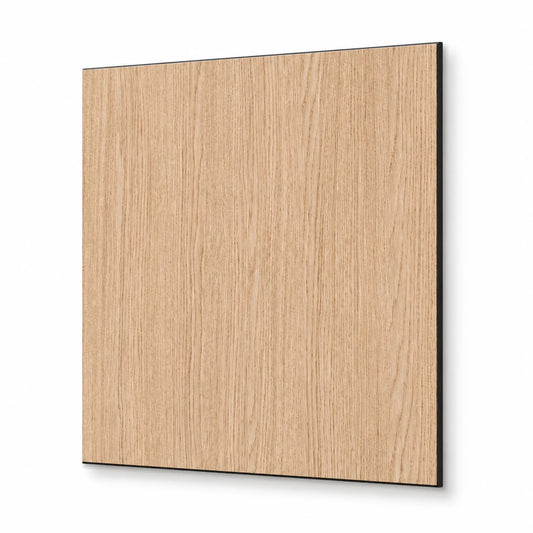 Square smooth raw oak-effect MDF wall panel shown at an angle on a white background with a soft natural shadow