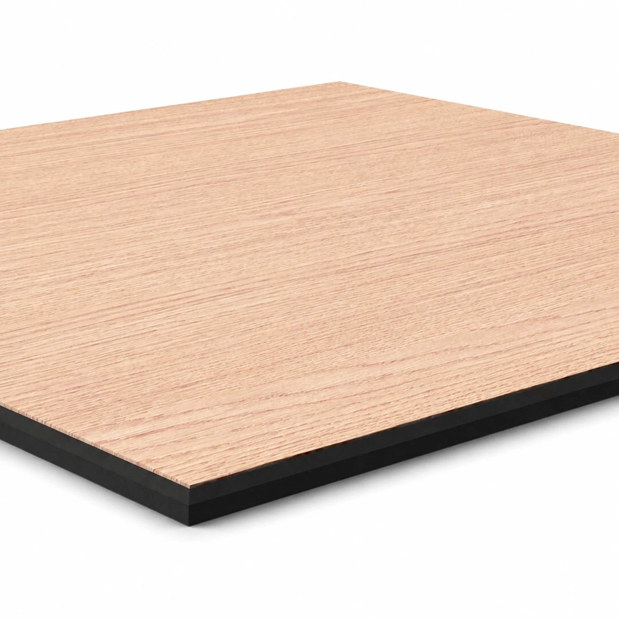 Close-up angled view of a smooth raw oak-effect MDF wall panel showing the wood grain and black core