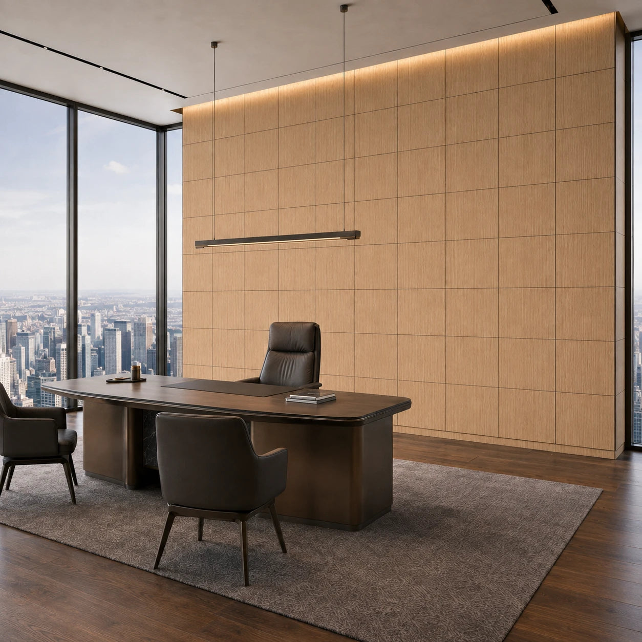 Luxury skyscraper executive office with square oak veneer wall panels, dark wood desk and panoramic city views