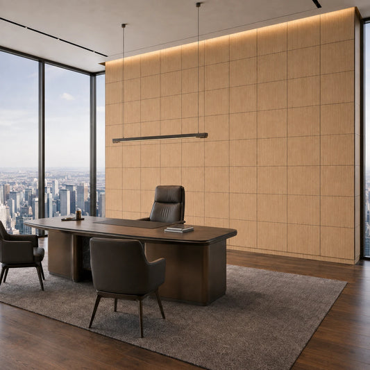 Luxury skyscraper executive office with square oak veneer wall panels, dark wood desk and panoramic city views