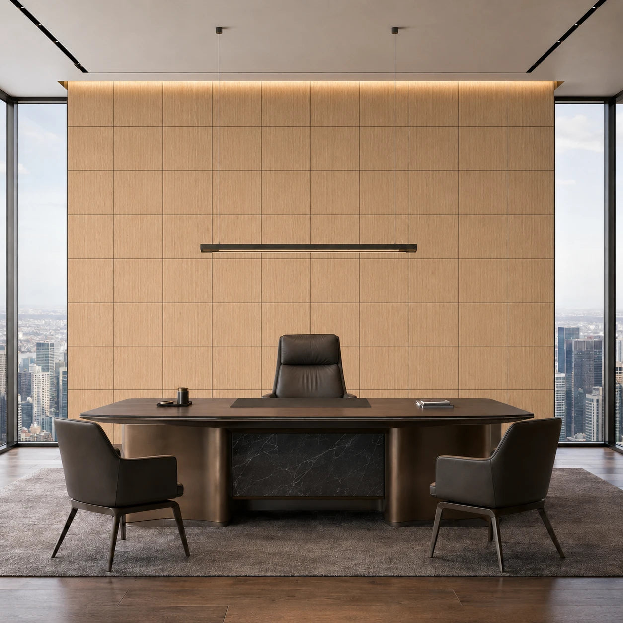 Front view of a modern executive office featuring a regular grid of square oak veneer wall panels behind a dark wood desk