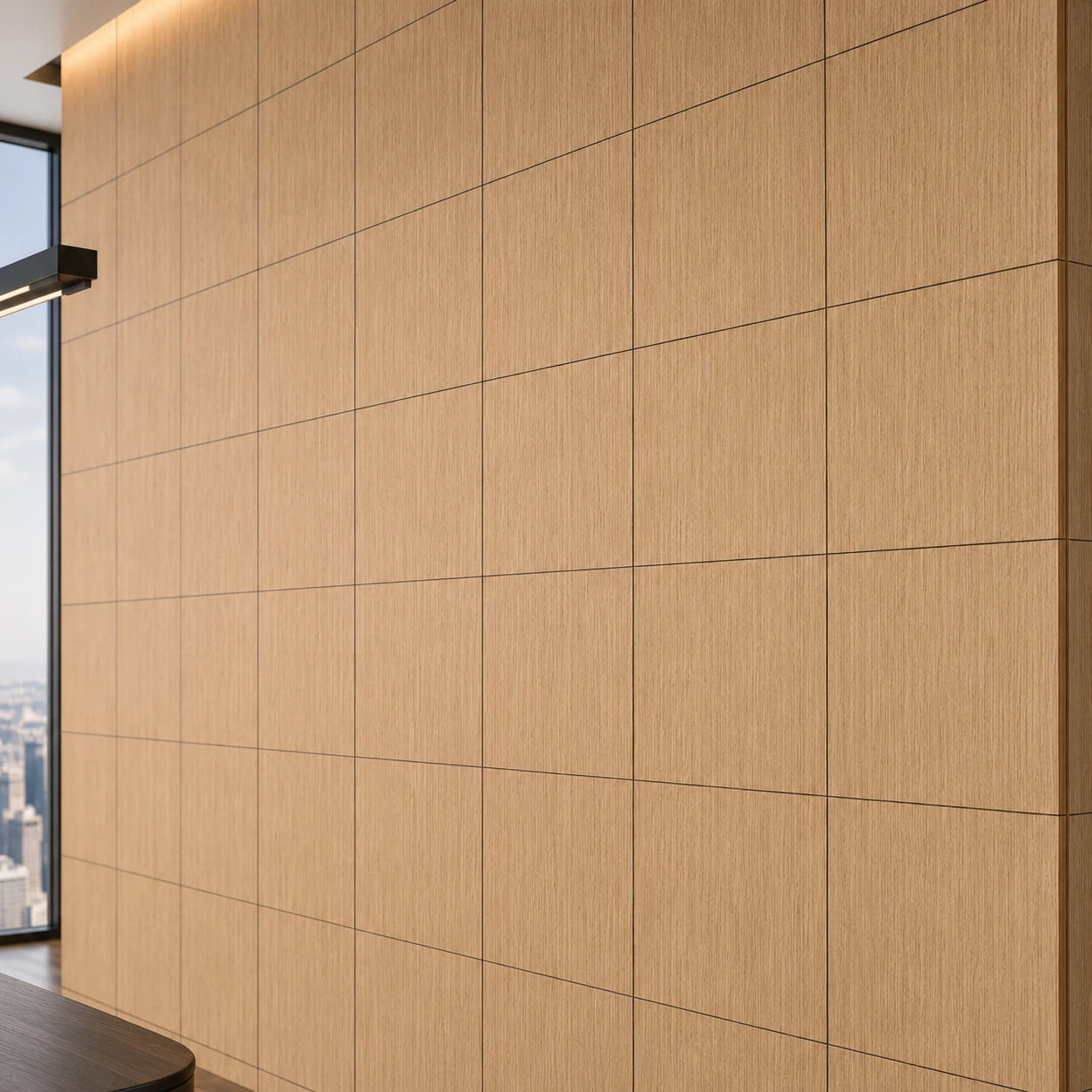 Close-up of square oak veneer wall panels with vertical wood grain and precise dark joints in a luxury executive office