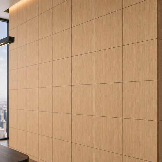 Close-up of square oak veneer wall panels with vertical wood grain and precise dark joints in a luxury executive office