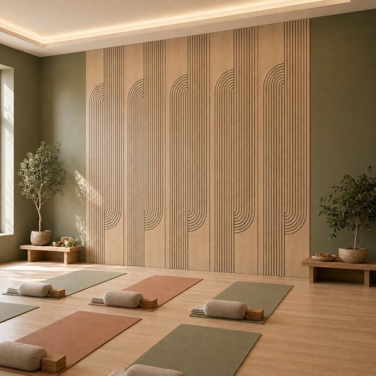 Oak acoustic wall panels with curved black grooves in a warm, minimalist yoga studio