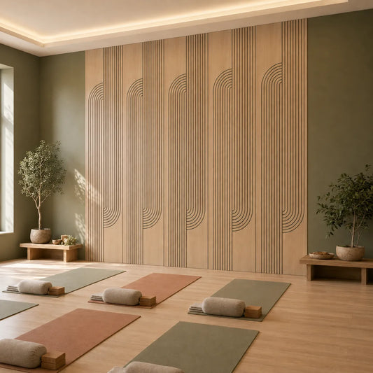 Oak acoustic wall panels with curved black grooves in a warm, minimalist yoga studio