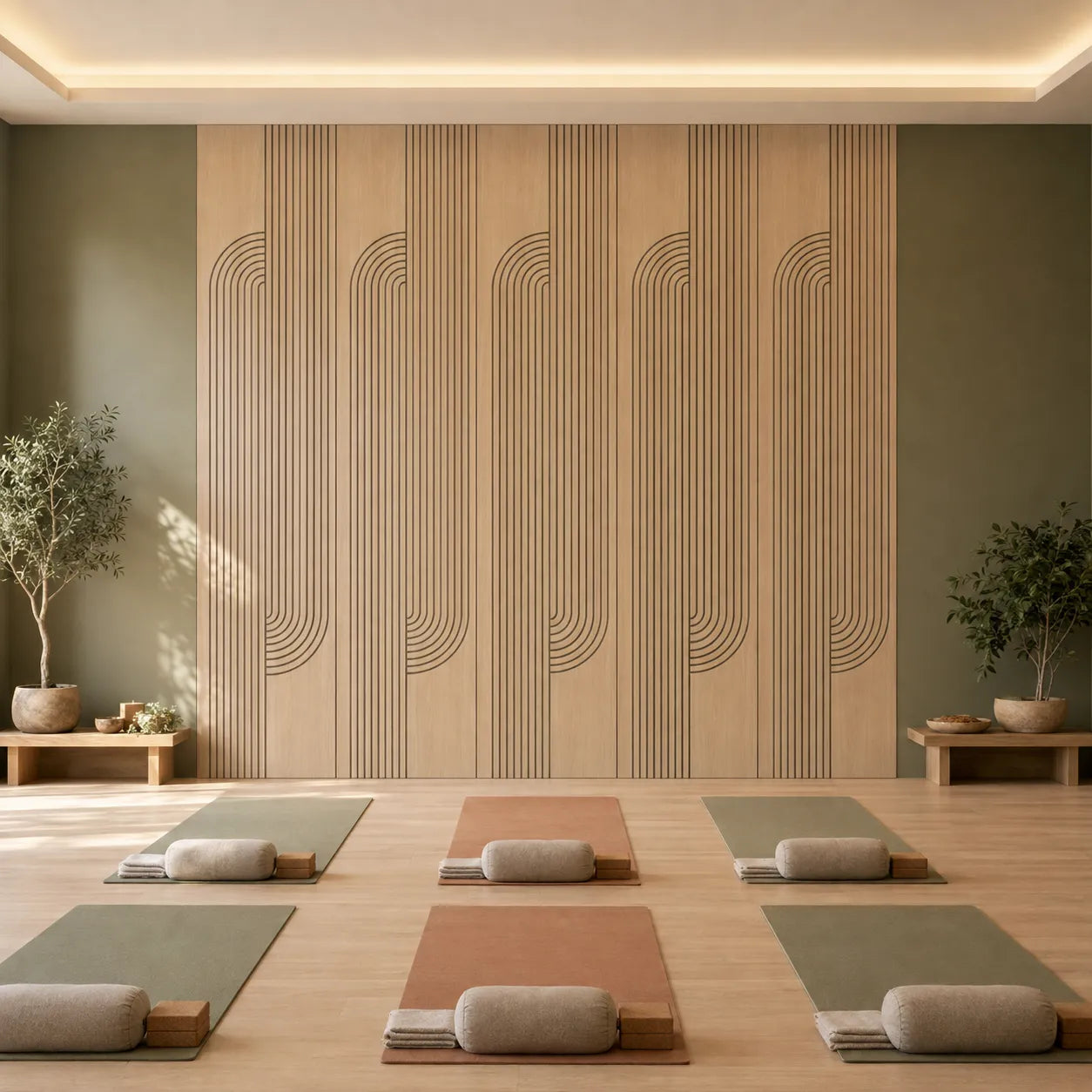 Front view of a yoga studio featuring oak acoustic wall panels, mats, bolsters and cork blocks