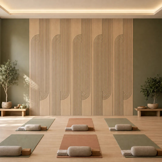 Front view of a yoga studio featuring oak acoustic wall panels, mats, bolsters and cork blocks
