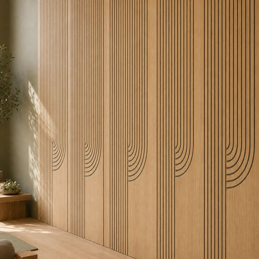 Close-up of oak acoustic wall panels with vertical black grooves and rounded geometric detailing