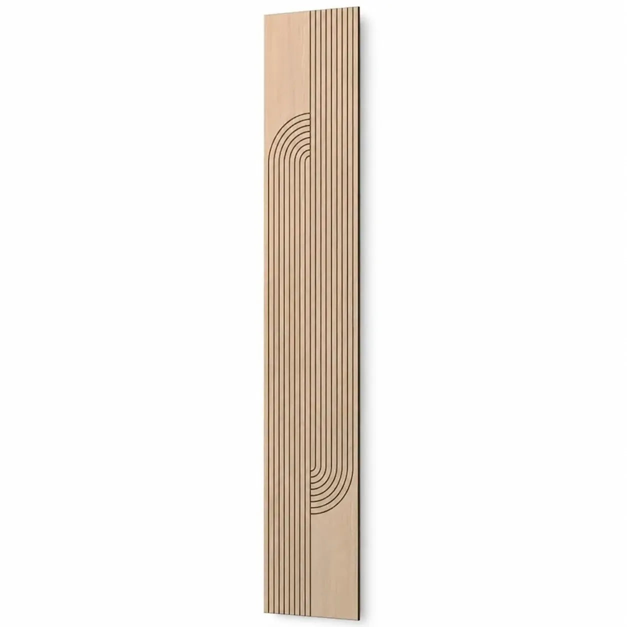 Angled view of a tall oak-effect milled MDF wall panel with a flowing geometric groove pattern