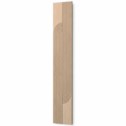 Angled view of a tall oak-effect milled MDF wall panel with a flowing geometric groove pattern