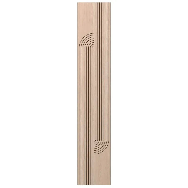 Front view of a tall narrow oak-effect MDF wall panel with decorative vertical and rounded grooves