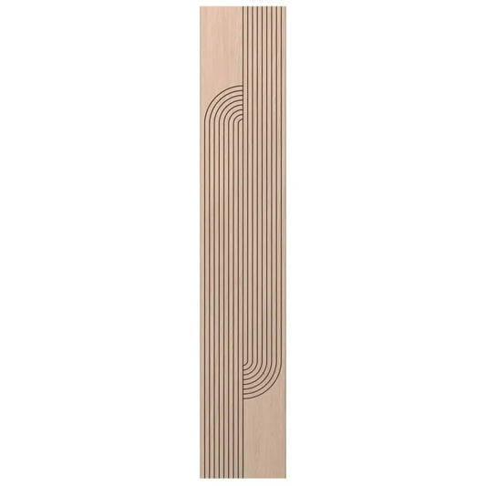 Front view of a tall narrow oak-effect MDF wall panel with decorative vertical and rounded grooves
