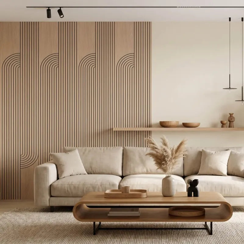 Modern living room with tall oak-effect grooved MDF wall panels featuring curved linear patterns