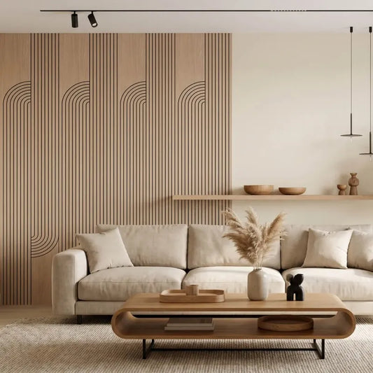 Modern living room with tall oak-effect grooved MDF wall panels featuring curved linear patterns
