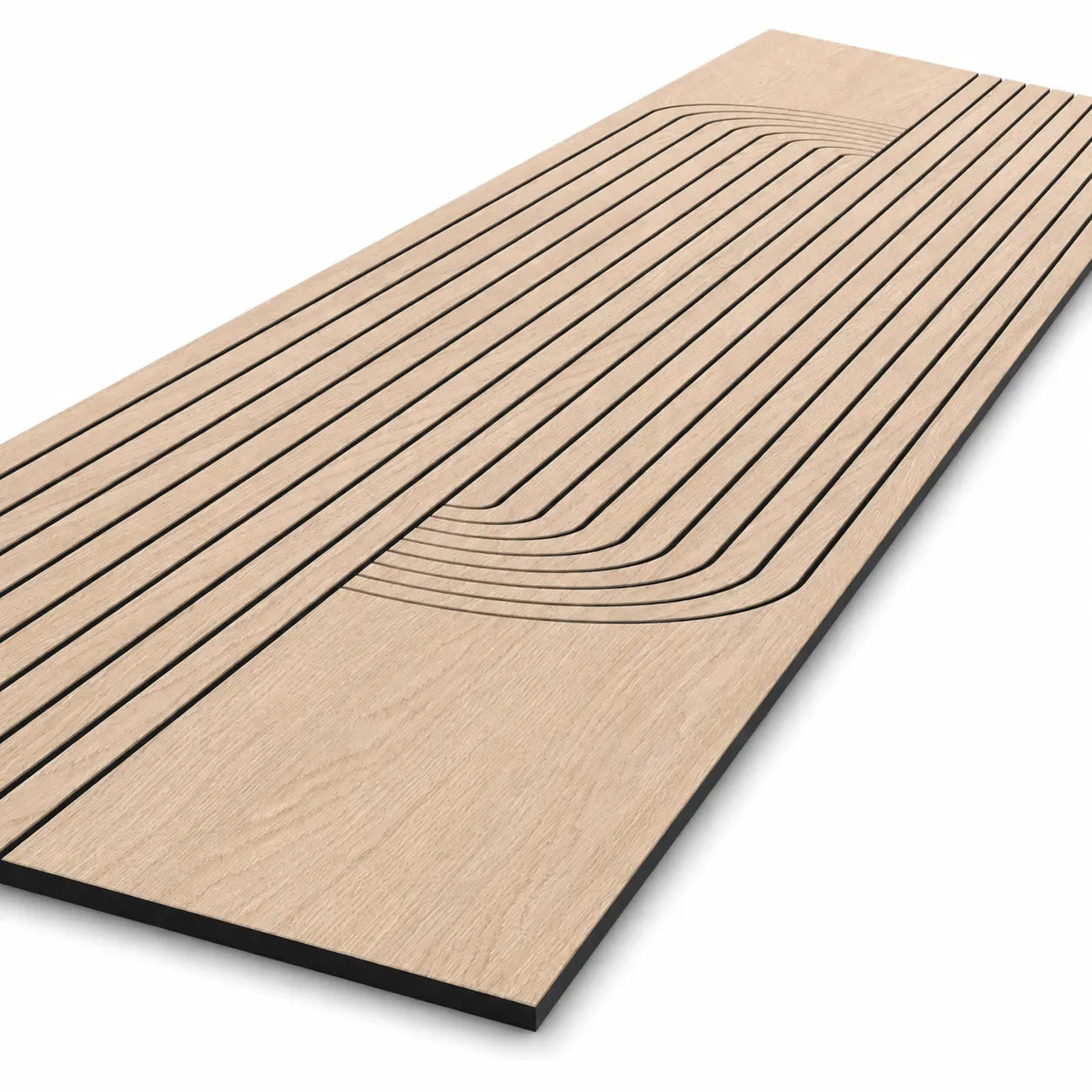 Close-up perspective view of an oak-effect milled MDF wall panel with parallel curved grooves and a black core