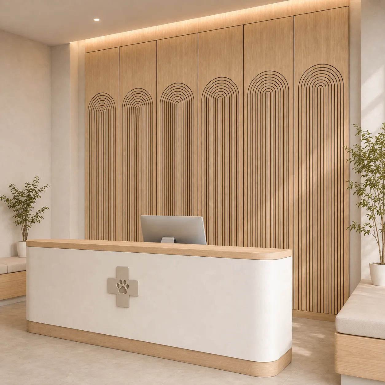 Angled view of a veterinary clinic reception with oak acoustic panels and a paw cross symbol