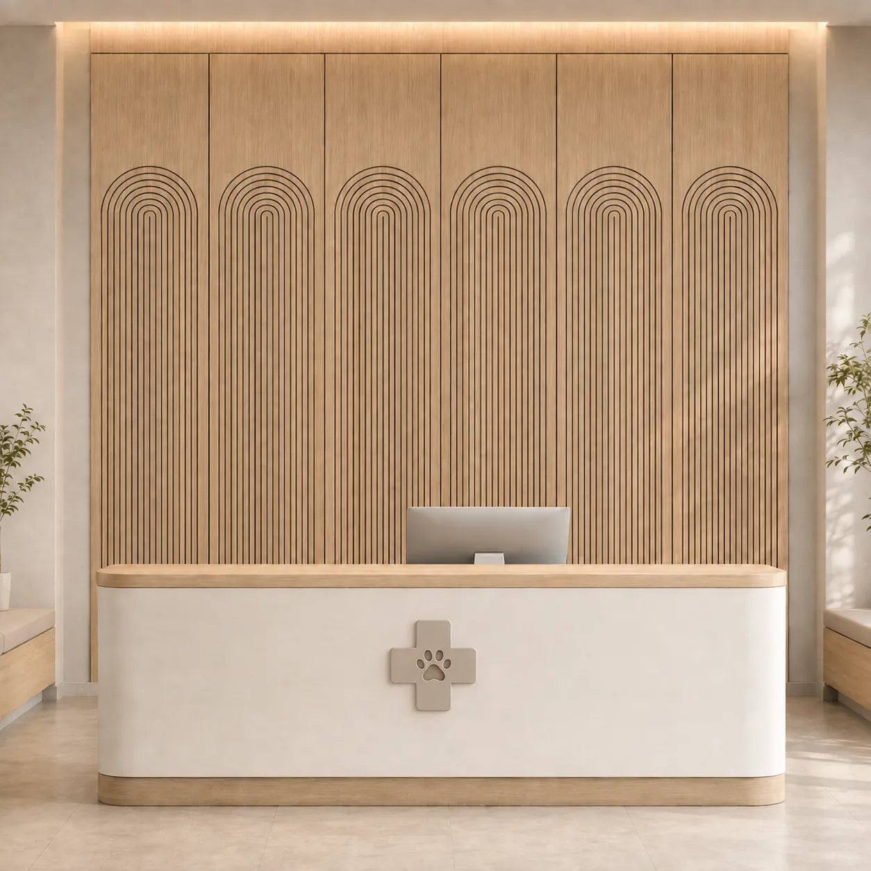 Oak acoustic wall panels with arched grooves behind a modern veterinary clinic reception desk