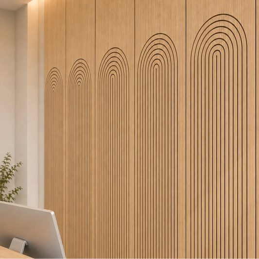 Close-up of oak acoustic wall panels with arched black grooves in a veterinary clinic reception