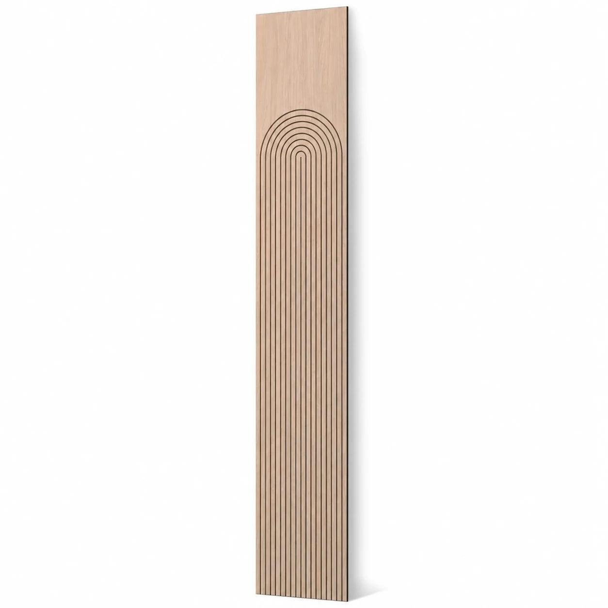 Tall oak-effect GrooveCraft milled acoustic MDF wall panel with an arched groove pattern and natural shadow