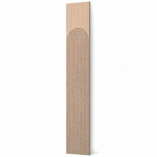 Tall oak-effect GrooveCraft milled acoustic MDF wall panel with an arched groove pattern and natural shadow