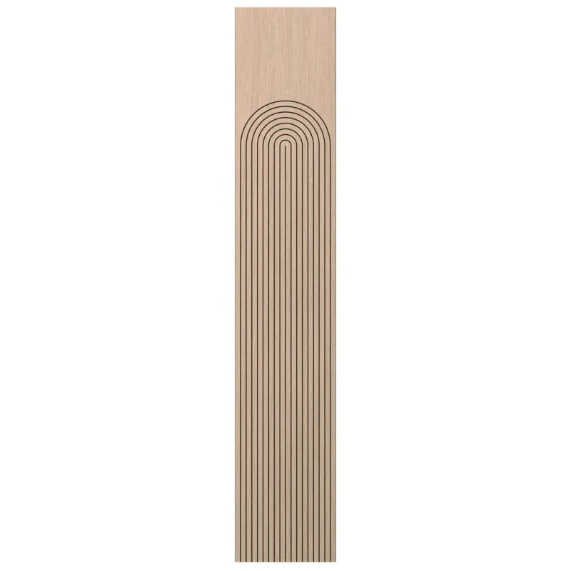 Front view of a tall oak-effect acoustic MDF wall panel featuring symmetrical arch-shaped milled grooves
