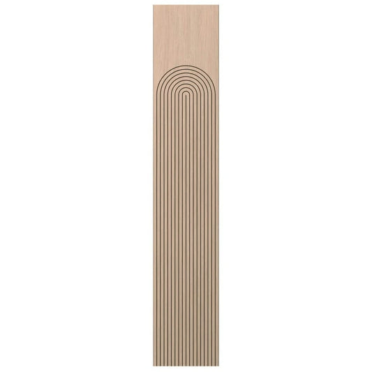 Front view of a tall oak-effect acoustic MDF wall panel featuring symmetrical arch-shaped milled grooves