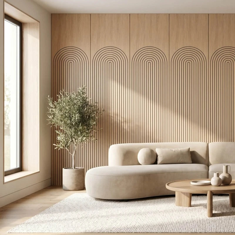 Modern neutral living room with oak-effect GrooveCraft acoustic wall panels featuring repeated arched grooves