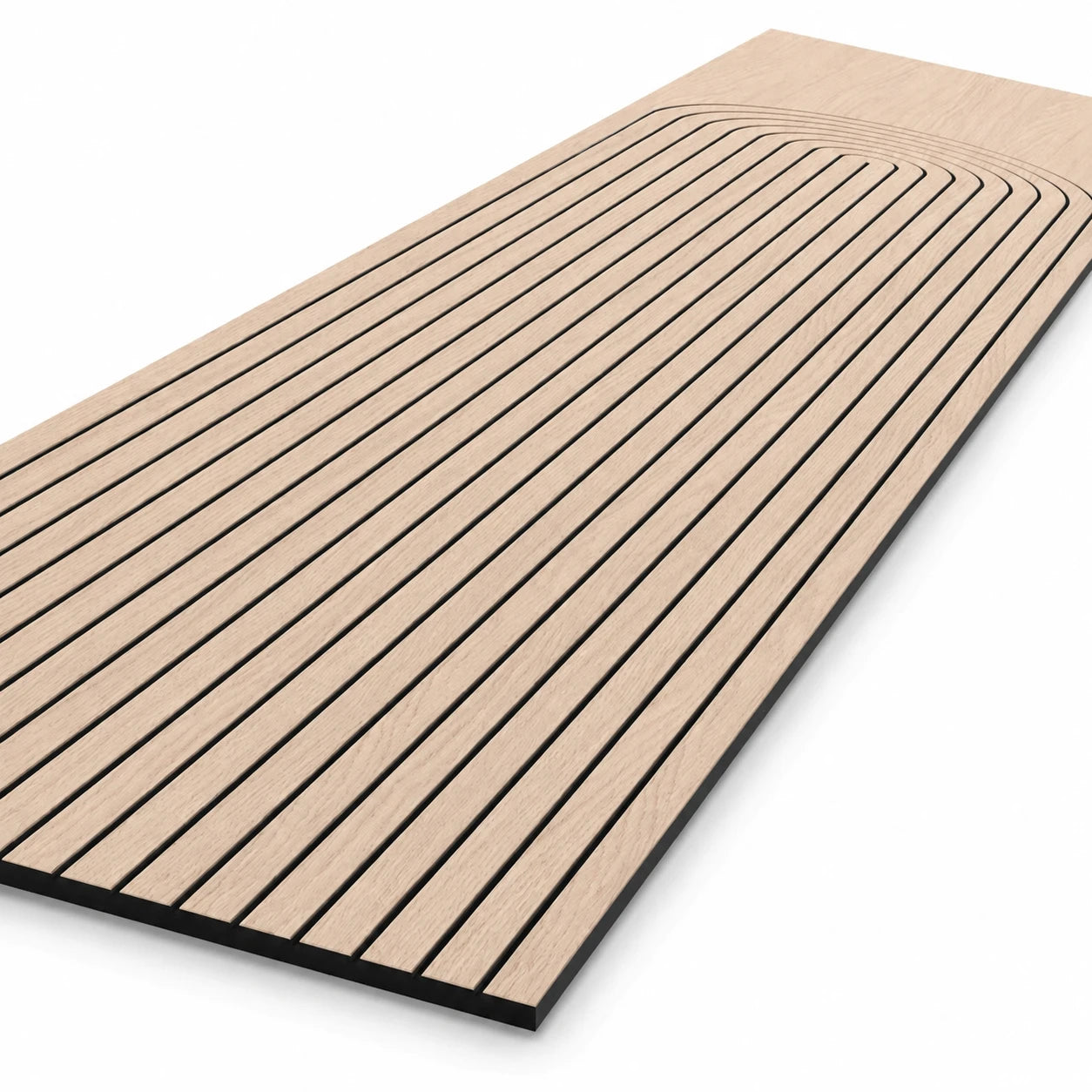 Angled close-up of an oak-effect milled acoustic MDF panel with long parallel grooves and a rounded arch design